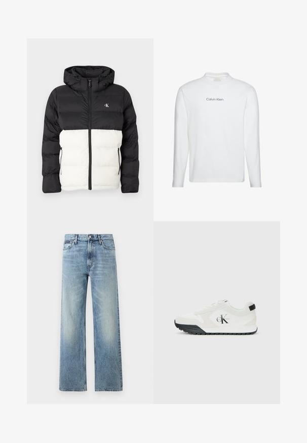 Chaqueta acolchada en blanco y negro con capucha, que cuenta con cierre de cremallera, dos bolsillos laterales con cremallera y logo en el pecho. Diseño texturizado y cálido.; Camiseta blanca de manga larga con cuello redondo con "Calvin Klein" impreso en negro centrado en el pecho.; Vaqueros de mezclilla azul claro de corte recto con cintura alta, cinco bolsillos, cierre de botón y sutil desgaste en los muslos y las rodillas.; Zapatilla blanca de Calvin Klein con suela negra, paneles de ante y malla, logo CK en el lado y marca Calvin Klein en el talón y la suela.