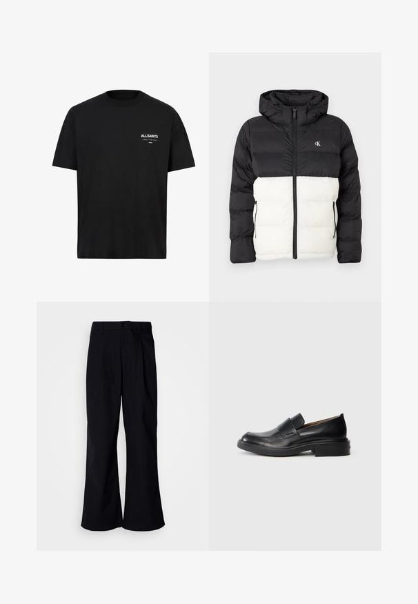 Sort og hvid polstret jakke med hætte, der har lynlås lukning, to sidelommer med lynlås og logo på brystet. Tekstureret, varm design.; Sort bomulds t-shirt med korte ærmer og rund hals. Har hvid tekst "ALLSAINTS" og "LONDON" på venstre brystområde.; Sorte bredbenede bukser lavet af bomuld med en frontfold, der har knaplukning og bæltestropper, glat tekstur og ingen synlige mønstre.; Sorte læder slip-on dress sko med lav hæl og subtil Calvin Klein logo på siden, vist i profil på en hvid baggrund.