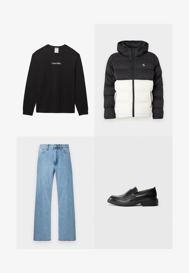 Chaqueta acolchada en blanco y negro con capucha, que cuenta con cierre de cremallera, dos bolsillos laterales con cremallera y logo en el pecho. Diseño texturizado y cálido.; Camiseta negra de manga larga con cuello redondo con el texto "Calvin Klein" impreso en blanco en el centro delantero.; Vaqueros de mezclilla azul claro de pierna recta con diseño de cinco bolsillos y cierre de botón en la cintura, exhibidos sobre un fondo simple.; Zapato de vestir negro de cuero sin cordones con tacón bajo y un sutil logo de Calvin Klein en el lateral, mostrado en perfil sobre un fondo blanco.