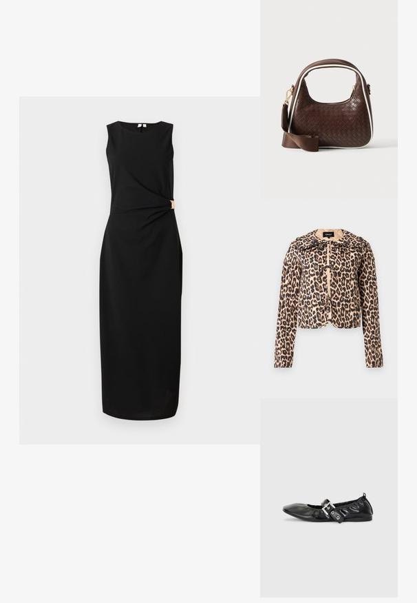 Leopard-Print Steppjacke mit großem Kragen und Vorderbändern, langen Ärmeln und etwas verkürzter Passform.; Ärmelloses schwarzes Midikleid mit Rundhalsausschnitt und seitlicher Drapierung, die mit einem goldenen Verschluss in der Taille befestigt ist.; Schwarze Leder-Ballerinas mit spitzem Zehenbereich, gerafften Details am Schaft und einem silbernen Schnallenakzent am verstellbaren Riemen.; Braune gewebte Lederhandtasche mit weißer Paspel, goldenem Reißverschluss und abnehmbarem braunem Stoff-Schulterriemen.