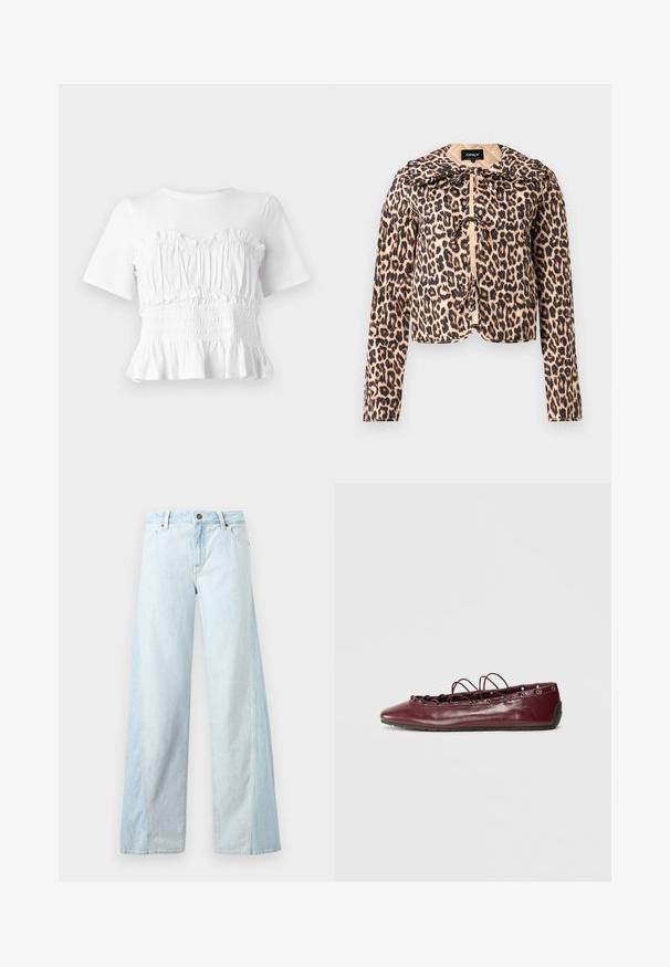 Jakke med leopardprint, quiltet design, stor krave og frontknapper, lange ærmer og en let cropped pasform.; Hvid kortærmet top med en rynket, smocket bodice og en udskåret kant, der viser et tekstureret design og en ensfarvet farve.; Lyseblå vidbenede denimjeans med knap- og lynlåslukning foran samt forlommer, vist mod en ensfarvet baggrund.; Burgundy læder balletflade med spids tå, snøredetaljer foran, og sølvøjer. Blød sål for fleksibilitet og komfort.