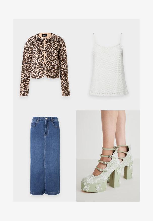 Chaqueta acolchada de estampado de leopardo con gran cuello y lazos frontales, mangas largas y un ajuste ligeramente corto.; Top de ganchillo blanco sin mangas con tirantes finos, que presenta un tejido texturizado y con patrón, y una silueta ligeramente acampanada en el dobladillo.; Falda larga de mezclilla en azul oscuro, con corte recto, cinturilla con cierre de botón y detalles de costura mínimos.; Koi Footwear WILD LOTUS - Zapatos de plataforma - green