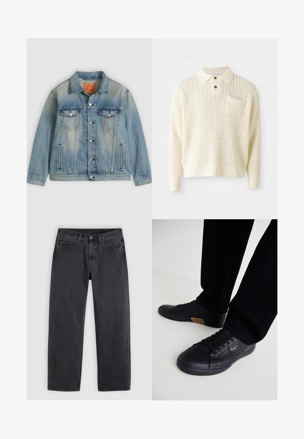 Hellblaue Jeansjacke mit Knopfleiste, zwei Brustklappentaschen und seitlichen Einschubtaschen, ausgestattet mit verwaschenem Waschungseffekt und klassischem Kragen.; Hellcreme gestrickter Pullover mit strukturiertem Muster, zwei Knöpfen und einer Brusttasche. Verfügt über gerippte Bündchen und Saum.; Schwarze Jeans mit vertikalen Streifen und geradem Schnitt, aus Denim, mit einer vorderen Knopfleiste und fünf Taschen.; Schwarze Sneakers aus Leder mit schlankem Design, ausgestattet mit einer strukturierten Oberfläche, runder Schuhspitze und schwarzen Schnürsenkeln. Goldenes Logo-Detail an der Seite.