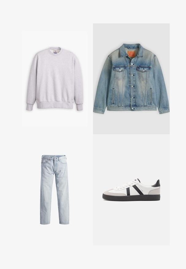 Lyseblå denimjakke med knaplukning foran, to brystlommer med klap og sidelommer med slidser, med falmet vask og klassisk krave.; Grå sweatshirts med rund halsudskæring, lange ærmer, ribbede manchetter og kant. Har et lille "Levi's" logo i lysegul på forsiden.; Lys blå denim jeans med lige ben, knaplukning, fem lommer og subtilt falmet tekstur. Har metal hardware detaljer.; Hvide sneakers med sorte og grå detaljer, med en tekstureret grå tåhætte, sort gummisål og flade hvide snørebånd. Rent design, minimalistisk stil.