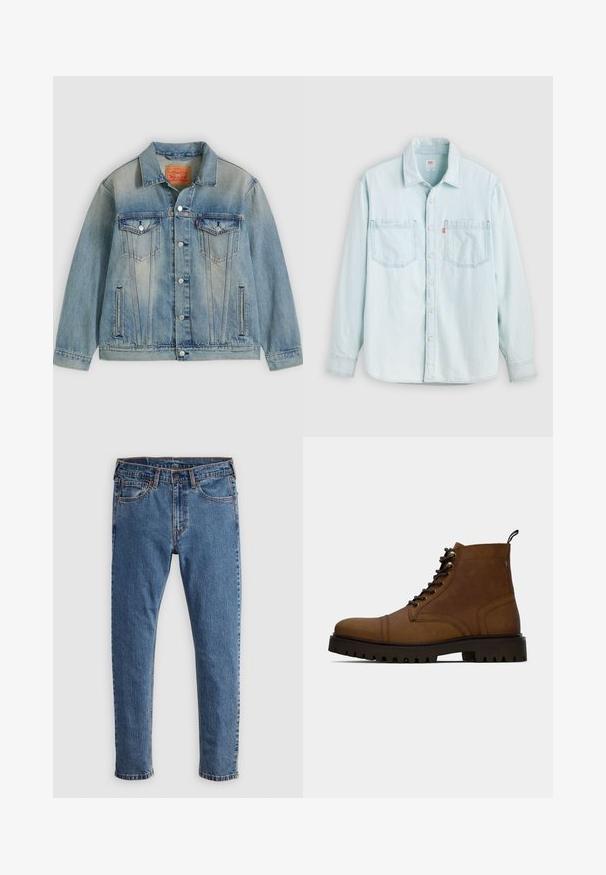 Lyseblå denimjakke med knaplukning foran, to brystlommer med klap og sidelommer med slidser, med falmet vask og klassisk krave.; Lyseblå denimskjorte med lange ærmer, knaplukning foran, to brystlommer og krave, vist mod en ensfarvet lys baggrund.; Blå denim jeans med lige skæring, fem lommer, orange syninger og en klassisk knap- og lynlåslukning. Slidt tekstur langs benene.; Brun læder snørefri ankelstøvle med tyk sort sål og hængslet på en hvid baggrund.