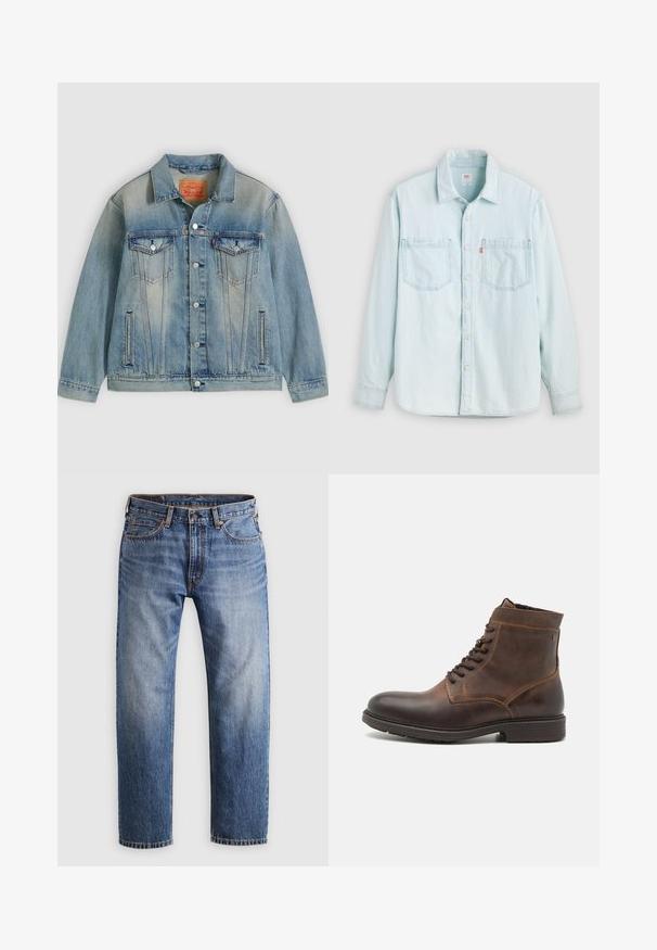 Lyseblå denimjakke med knaplukning foran, to brystlommer med klap og sidelommer med slidser, med falmet vask og klassisk krave.; Lyseblå denimskjorte med lange ærmer, knaplukning foran, to brystlommer og krave, vist mod en ensfarvet lys baggrund.; Stumpe ben blå denim jeans med en knap- og lynlåslukning, fem lommer og orange syninger på en lys grå baggrund.; Jack & Jones JFWDELANEY BOOT - Snørestøvletter - cognac