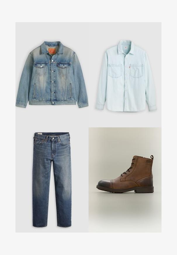Hellblaue Jeansjacke mit Knopfleiste, zwei Brustklappentaschen und seitlichen Einschubtaschen, ausgestattet mit verwaschenem Waschungseffekt und klassischem Kragen.; Hellblaues Denim-Langarmhemd mit Knopfleiste vorne, zwei Brusttaschen und Kragen, vor einem einfarbigen hellen Hintergrund gezeigt.; Dunkelblaue Jeans aus Denim mit lockerem Sitz, geraden Beinen, Fünf-Taschen-Design und dezentem Used-Look an den Oberschenkeln. Silberner Knopf und Nieten.; Brauner Leder-Schnürstiefel bis zum Knöchel mit schwarzer Zehenkappe, runder Sohle und Markenlabel an der Seite vor schlichtem Hintergrund.