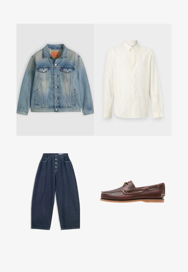 Lyseblå denimjakke med knaplukning foran, to brystlommer med klap og sidelommer med slidser, med falmet vask og klassisk krave.; Langærmet beige knap-op-skjorte med subtile lodrette striber og spids krave vist på en hvid baggrund.; Mørkeblå denim bukser med brede ben og høj talje, fem knaplukninger og fem lommer. Har stikninger som accent på sømmene.; Brun læder bådsko med hvide sømme, snøre detaljer og lysbrun gummisål, vist fra siden på hvid baggrund.