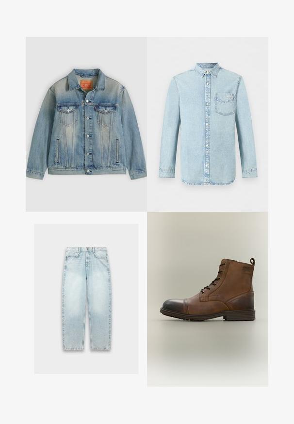 Lichtblauwe spijkerjasje met knopen aan de voorkant, twee borstflappzakken en zijzakken met split, voorzien van een vervaagde wassing en een klassieke kraag.; Lichtblauw denim overhemd met lange mouwen, knoopsluiting aan de voorkant, een borstzak met Calvin Klein-logo en puntige kraag.; Lichtblauwe denim jeans met een losse pasvorm, rechte pijpen, vervaagd textuur, vijf-pocket ontwerp en metalen knoopsluiting bij de taille.; Bruine leren enkellaars met veters, zwarte neuskap, ronde zool en merkdetail aan de zijkant tegen een effen achtergrond.
