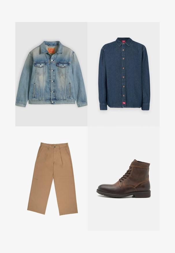 Veste en denim bleu clair avec fermeture bouton, deux poches à rabat sur la poitrine et poches latérales fendues, présentant un délavage et un col classique.; Chemise en denim bleu foncé à boutons, avec col pointu, manches longues et boutons en cuivre. Présente une petite étiquette rouge sur le côté gauche.; Pantalons beige en tissu à la texture lisse, avec des plis, une fermeture à bouton et un logo brodé près de l'ourlet.; Jack & Jones JFWDELANEY BOOT - Bottines à lacets - cognac