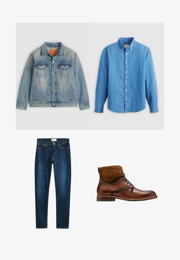 Lyseblå denimjakke med knaplukning foran, to brystlommer med klap og sidelommer med slidser, med falmet vask og klassisk krave.; Lyseblå denimskjorte med lange ærmer, knap-ned krave og hvide knapper. Har et lille broderet logo på brystet.; Mørkeblå jeans lavet af denim, med en lige ben-design, fem lommer, kobberfarvede nitter og subtilt farvetone på stoffet.; Kazar ALID - Snørestøvletter - brown