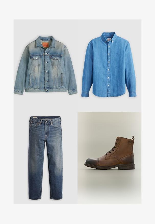 Hellblaue Jeansjacke mit Knopfleiste, zwei Brustklappentaschen und seitlichen Einschubtaschen, ausgestattet mit verwaschenem Waschungseffekt und klassischem Kragen.; Hellblaues Jeanshemd mit langen Ärmeln, button-down Kragen und weißen Knöpfen. Verfügt über ein kleines besticktes Logo auf der Brust.; Dunkelblaue Jeans aus Denim mit lockerem Sitz, geraden Beinen, Fünf-Taschen-Design und dezentem Used-Look an den Oberschenkeln. Silberner Knopf und Nieten.; Brauner Leder-Schnürstiefel bis zum Knöchel mit schwarzer Zehenkappe, runder Sohle und Markenlabel an der Seite vor schlichtem Hintergrund.