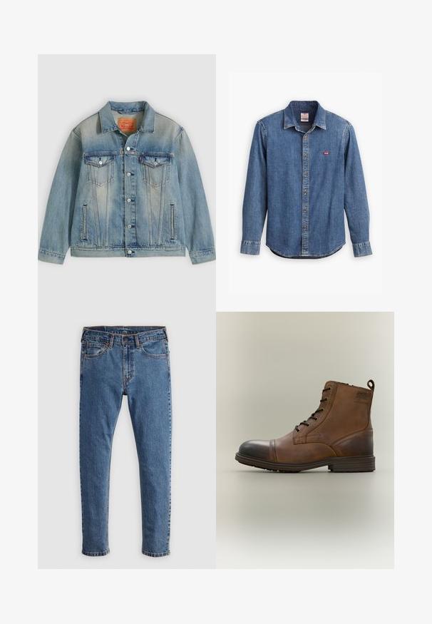 Lyseblå denimjakke med knaplukning foran, to brystlommer med klap og sidelommer med slidser, med falmet vask og klassisk krave.; Denimskjorte i mørkeblå med skjortekrave, lange ærmer, stikninger og et lille rødt logo på brystlommen.; Blå denim jeans med lige skæring, fem lommer, orange syninger og en klassisk knap- og lynlåslukning. Slidt tekstur langs benene.; Brun læderstøvle med snørebånd, sort tåhætte, rund sål og mærket detalje på siden mod ensfarvet baggrund.
