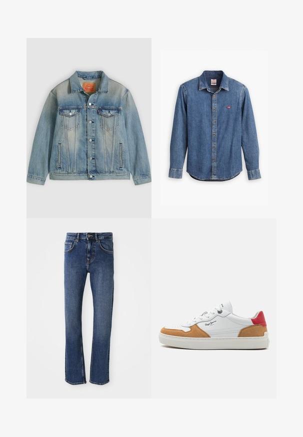 Chaqueta de mezclilla azul claro con cierre de botones, dos bolsillos con solapa en el pecho y bolsillos laterales con abertura, con lavado desgastado y cuello clásico.; Camisa de mezclilla en azul oscuro con cuello abotonado, mangas largas, detalles cosidos y un pequeño logo rojo en el área del bolsillo del pecho.; Jeans de mezclilla azul claro con un diseño de pierna recta, estilo de cinco bolsillos y cierre de botón metálico. Presenta costuras sutiles y una textura suave.; Zapatillas blancas de cuero con acentos de ante marrón claro y un talón rojo. Cuentan con una puntera perforada, cordones redondos y una suela de goma texturizada.