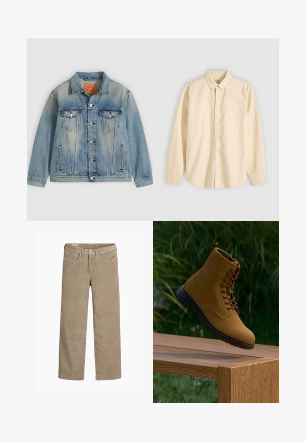 Lyseblå denimjakke med knaplukning foran, to brystlommer med klap og sidelommer med slidser, med falmet vask og klassisk krave.; Langærmet beige skjorte med knapper og krave, lagt fladt med knapperne lukket og manchetterne knappede på en lys baggrund.; Lysebrune fløjlsbukser i bred ben-design, med knap- og lynlåslukning, fem lommer og en blød, ribbet tekstur.; Brune ruskinds ankelstøvle med brune snørebånd, en sort gummisål og en glat finish, vist over en træoverflade mod grønne omgivelser.
