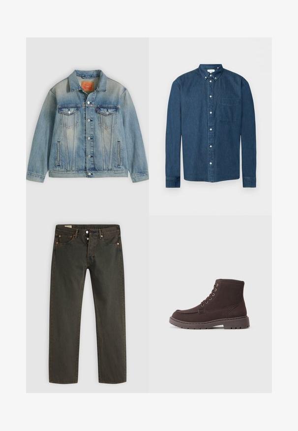 Lichtblauwe spijkerjasje met knopen aan de voorkant, twee borstflappzakken en zijzakken met split, voorzien van een vervaagde wassing en een klassieke kraag.; Donkerblauw denim overhemd met knopen, lange mouwen, een voorzak aan de linkerkant en een button-down kraag, weergegeven op een witte achtergrond.; Donkergroene jeans gemaakt van denim, met een rechte pijp, vijf zakken, hardware in kopertint en een subtiel waspatroon.; Bruine suède enkelboots met een vetersluiting, voorzien van metalen oogjes, een rubberen zool met profiel en een versterkte neus.