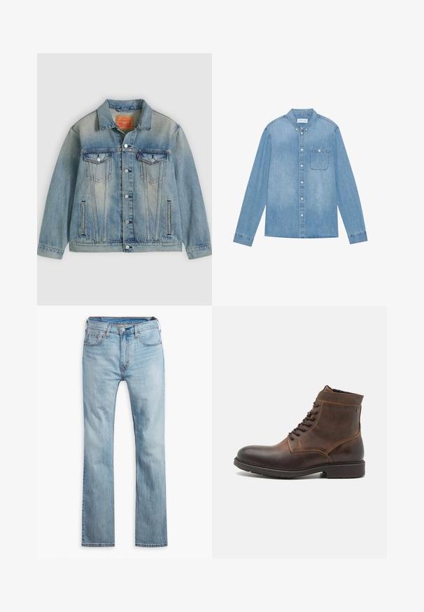 Hellblaue Jeansjacke mit Knopfleiste, zwei Brustklappentaschen und seitlichen Einschubtaschen, ausgestattet mit verwaschenem Waschungseffekt und klassischem Kragen.; Hellblaues Denim-Hemd mit Knopfleiste, langen Ärmeln, spitzem Kragen, einer Brusttasche und dezentem Verblassen des Stoffes.; Hellblaue Jeans aus Denim, mit geradem Bein, fünf Taschen, kontrastierenden Nähten und einem Knopfverschluss am Bund.; Jack & Jones JFWDELANEY BOOT - Schnürstiefelette - cognac