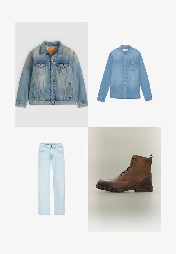 Chaqueta de mezclilla azul claro con cierre de botones, dos bolsillos con solapa en el pecho y bolsillos laterales con abertura, con lavado desgastado y cuello clásico.; Camisa de mezclilla azul claro, con botones, mangas largas, collar puntiagudo, un bolsillo en el pecho y un ligero desgaste en la tela.; Vaqueros azul claro de pierna recta con botón y cremallera delanteros, trabillas para cinturón y bolsillos delanteros sobre un fondo blanco.; Bota de cuero marrón con cordones hasta el tobillo, puntera negra, suela redonda y detalle de marca en el lateral sobre un fondo liso.
