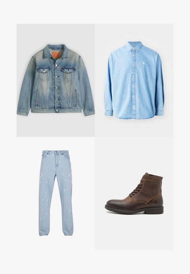 Lichtblauwe spijkerjasje met knopen aan de voorkant, twee borstflappzakken en zijzakken met split, voorzien van een vervaagde wassing en een klassieke kraag.; Lichtblauwe denim overhemd met knopen en lange mouwen, puntkraag en een klein logo op de linkerborst. Heeft een ontspannen pasvorm en een klassiek ontwerp.; Lichtblauwe denim jeans met een relaxte pasvorm, voorzien van stervormige uitsparingen, verfspetters en een klassieke vijf-pocket ontwerp.; Jack & Jones JFWDELANEY BOOT - Veterboots - cognac