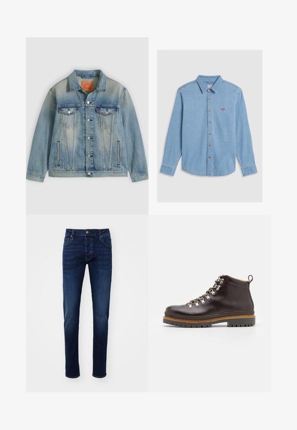 Chaqueta de mezclilla azul claro con cierre de botones, dos bolsillos con solapa en el pecho y bolsillos laterales con abertura, con lavado desgastado y cuello clásico.; Camisa de mezclilla azul claro con mangas largas, cierre de botones en el frente y cuello puntiagudo. Presenta botones marrones y un pequeño parche de logo rojo.; Jeans de mezclilla ajustados en azul oscuro, con botón frontal, bolsillos, pasadores para cinturón y sutiles detalles de desvanecimiento en las piernas.; Zign by Zalando LEATHER - Botines con cordones - brown