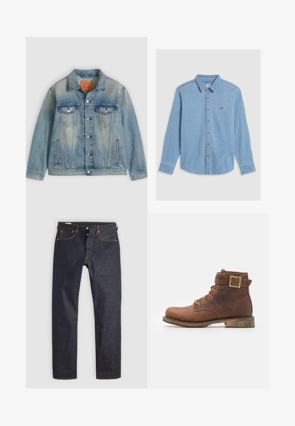 Lichtblauwe spijkerjasje met knopen aan de voorkant, twee borstflappzakken en zijzakken met split, voorzien van een vervaagde wassing en een klassieke kraag.; Lichtblauwe denim shirt met lange mouwen, knoopsluiting aan de voorkant en een puntige kraag. Bevat bruine knopen en een kleine rode logopatch.; Donkerblauwe spijkerbroek met een rechte pijp, voorzien van oranje stiksel en klassieke vijfzakkenstijl. Knop- en ritssluiting.; Harley Davidson VNTGMOTO SHORT RIDING APPROVED - Cowboy-/Bikerlaarsjes - brown