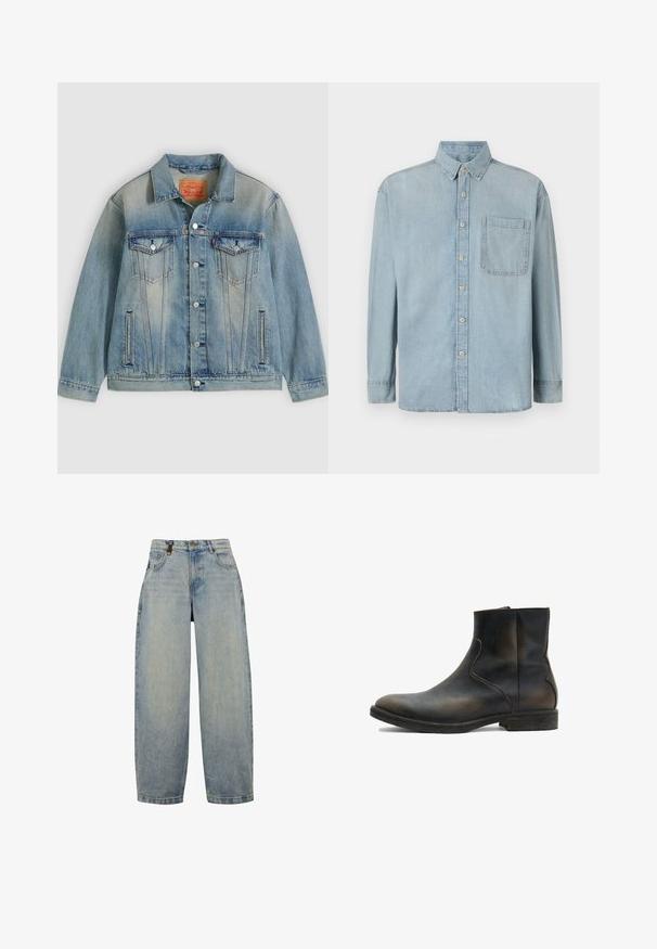 Lichtblauwe spijkerjasje met knopen aan de voorkant, twee borstflappzakken en zijzakken met split, voorzien van een vervaagde wassing en een klassieke kraag.; Lichtblauwe denim shirt met lange mouwen, een knoopsluiting aan de voorkant en een enkele borstzak. Het heeft een klassieke kraag en standaard manchetten.; Lichtblauwe denim jeans met een ontspannen pasvorm, voorzien van een hoge taille, wijde pijpen, een klassiek vijf-pocket ontwerp en metalen hardware accenten.; AllSaints LANG - Lage laarzen - brown