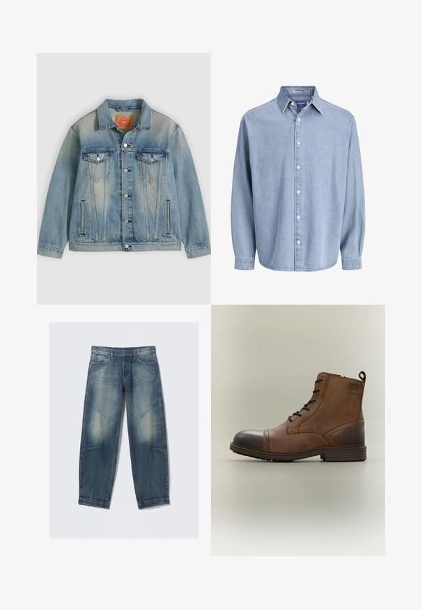 Hellblaue Jeansjacke mit Knopfleiste, zwei Brustklappentaschen und seitlichen Einschubtaschen, ausgestattet mit verwaschenem Waschungseffekt und klassischem Kragen.; Himmelblaue Jeanshemd mit langen Ärmeln, Kragen und weißen Knöpfen, präsentiert vor einem schlichten weißen Hintergrund.; Hellblaue Jeans aus Denim mit lockerem Schnitt, verwaschenen Stellen, Fronttaschen und diagonalen Nahtakzenten. Gerader Beinverlauf.; Brauner Leder-Schnürstiefel bis zum Knöchel mit schwarzer Zehenkappe, runder Sohle und Markenlabel an der Seite vor schlichtem Hintergrund.