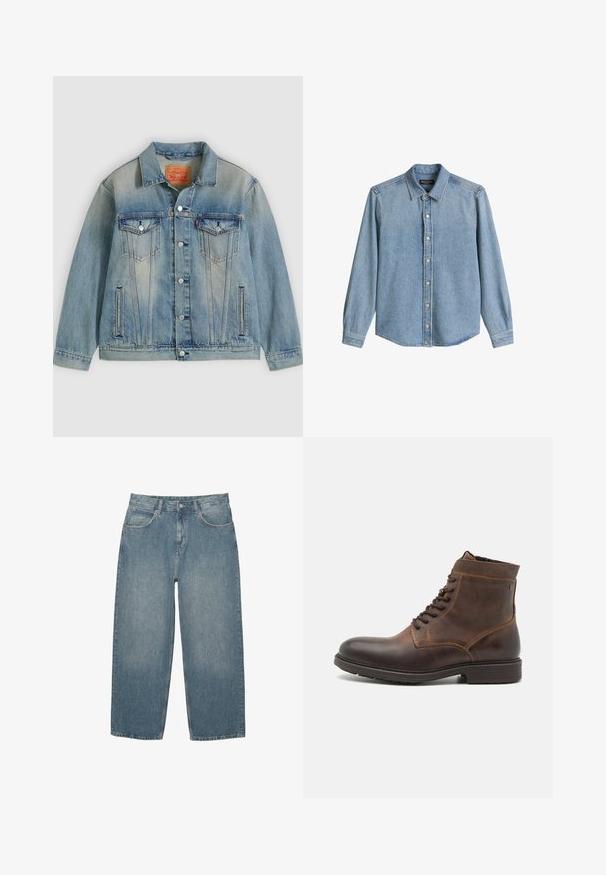 Lichtblauwe spijkerjasje met knopen aan de voorkant, twee borstflappzakken en zijzakken met split, voorzien van een vervaagde wassing en een klassieke kraag.; Lichtblauw denim overhemd met lange mouwen, knoopsluiting, kraag en frontknopen, plat gelegd tegen een witte achtergrond.; Blauwe high-waisted straight-leg jeans met voorzakken, riemlussen, knoopsluiting en subtiele vervaging op een witte achtergrond.; Jack & Jones JFWDELANEY BOOT - Veterboots - cognac