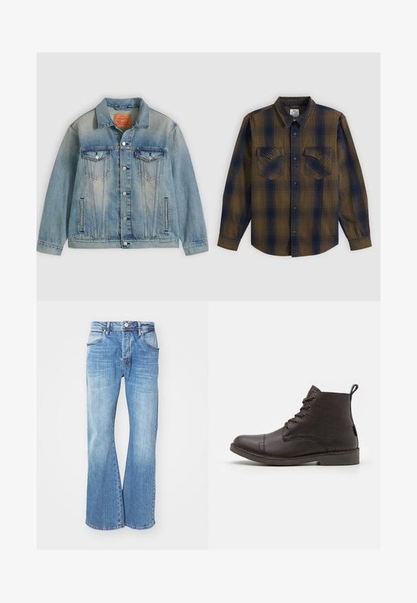 Veste en denim bleu clair avec fermeture bouton, deux poches à rabat sur la poitrine et poches latérales fendues, présentant un délavage et un col classique.; Chemise boutonnée à manches longues avec motif à carreaux marron et bleu marine et deux poches poitrine boutonnées, posée à plat sur fond blanc.; Jean en denim bleu clair avec un design évasé, comportant un style classique à cinq poches, une fermeture éclair et des coutures contrastantes le long des coutures.; Bottines en cuir marron avec une texture lisse, bout rond, six œillets métalliques et une tirette à l'arrière. Semelle en caoutchouc plate.
