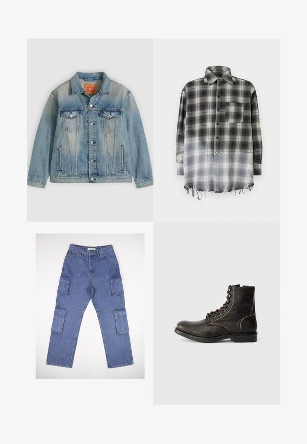 Chaqueta de mezclilla azul claro con cierre de botones, dos bolsillos con solapa en el pecho y bolsillos laterales con abertura, con lavado desgastado y cuello clásico.; Camisa de cuadros en blanco y negro, con cuello clásico, cierre de botones, bolsillo parche y dobladillo deshilachado. La tela presenta un aspecto suave y texturizado.; Pantalones cargo de mezclilla azul con múltiples bolsillos laterales, un diseño de pierna recta y una cinturilla clásica. La tela tiene una ligera textura y desvanecimiento.; Botín de cuero marrón hasta el tobillo con punta redonda, diseño de siete ojetes, costuras blancas y superficie texturizada. Suela de goma resistente, estilo clásico.