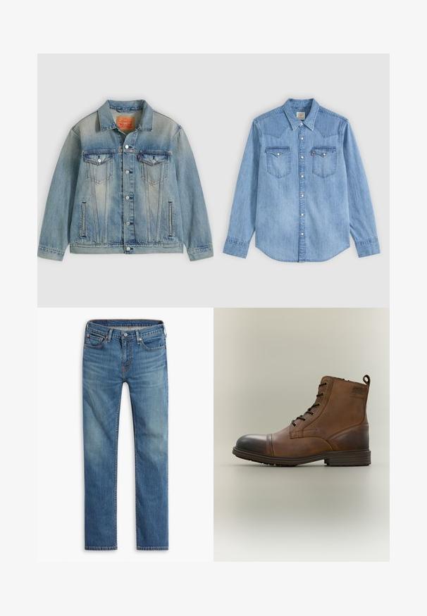 Lichtblauwe spijkerjasje met knopen aan de voorkant, twee borstflappzakken en zijzakken met split, voorzien van een vervaagde wassing en een klassieke kraag.; Lichtblauw denim overhemd met lange mouwen, puntkraag, twee borstzakken met kleppen en witte drukknoopjes aan de voorkant.; Blauwe rechte denim jeans met een sluiting van een knoop en rits aan de voorkant, vijf-pocket ontwerp en subtiele vervaging op de bovenbenen en knieën.; Bruine leren enkellaars met veters, zwarte neuskap, ronde zool en merkdetail aan de zijkant tegen een effen achtergrond.