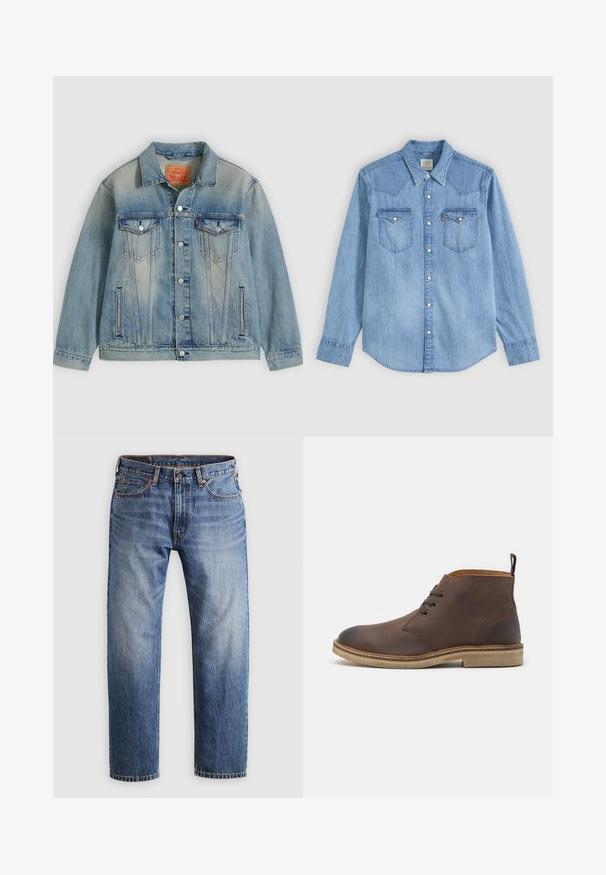 Lichtblauwe spijkerjasje met knopen aan de voorkant, twee borstflappzakken en zijzakken met split, voorzien van een vervaagde wassing en een klassieke kraag.; Lichtblauw denim overhemd met lange mouwen, puntkraag, twee borstzakken met kleppen en witte drukknoopjes aan de voorkant.; Rechtemodel blauwe denim jeans met een knoop- en ritssluiting, vijf zakken en oranje stiksels op een lichtgrijze achtergrond.; Kastanjebruine leren enkellaars met een ronde neus, vetersluiting en een crèmekleurige rubberen zool. Voorzien van een lus aan de hiel.