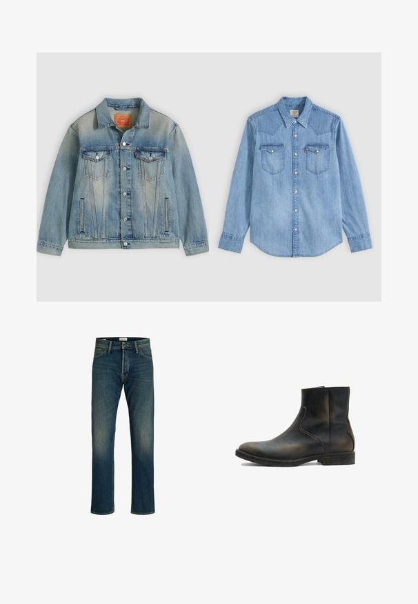 Lichtblauwe spijkerjasje met knopen aan de voorkant, twee borstflappzakken en zijzakken met split, voorzien van een vervaagde wassing en een klassieke kraag.; Lichtblauw denim overhemd met lange mouwen, puntkraag, twee borstzakken met kleppen en witte drukknoopjes aan de voorkant.; Denim jeans met een gemiddeld blauwe wassing, rechte pijpen, een klassiek vijf-pocket ontwerp en lichte vervaging op de dijen voor textuur.; AllSaints LANG - Lage laarzen - brown