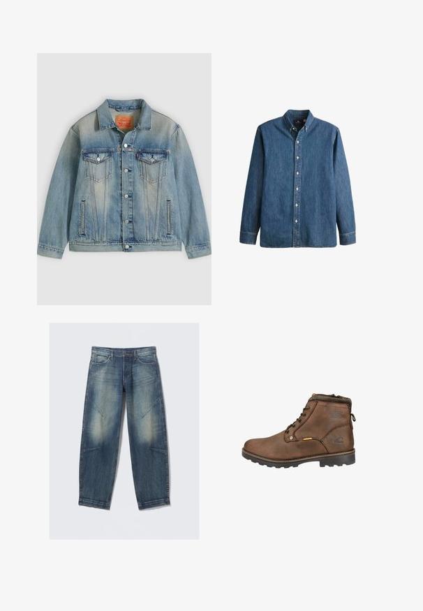 Hellblaue Jeansjacke mit Knopfleiste, zwei Brustklappentaschen und seitlichen Einschubtaschen, ausgestattet mit verwaschenem Waschungseffekt und klassischem Kragen.; Denim-Hemd in Mittelblau, mit langen Ärmeln, spitzem Kragen, weißen Knöpfen und einer taillierten Passform sowie dezentem Logostick.; Hellblaue Jeans aus Denim mit lockerem Schnitt, verwaschenen Stellen, Fronttaschen und diagonalen Nahtakzenten. Gerader Beinverlauf.; Braune Leder-Ankle-Boots mit runder Zehenpartie, Schnürdesign, gepolstertem Kragen und strukturiertem Gummisohle. Mit Logo und Metallelementen ausgestattet.