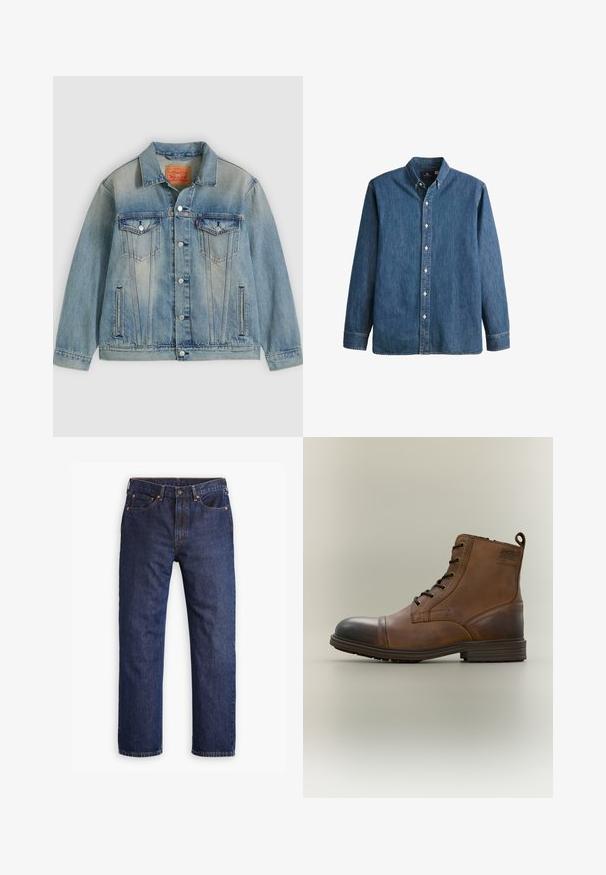 Lyseblå denimjakke med knaplukning foran, to brystlommer med klap og sidelommer med slidser, med falmet vask og klassisk krave.; Denim button-up skjorte i mellemblå, med lange ærmer, spidse kraver, hvide knapper og en tætsiddende pasform med diskret logo broderi.; Mørkeblå straight-leg denim jeans med frontknap, lynlås, fem lommer og detaljer i kobbernitter.; Brun læderstøvle med snørebånd, sort tåhætte, rund sål og mærket detalje på siden mod ensfarvet baggrund.