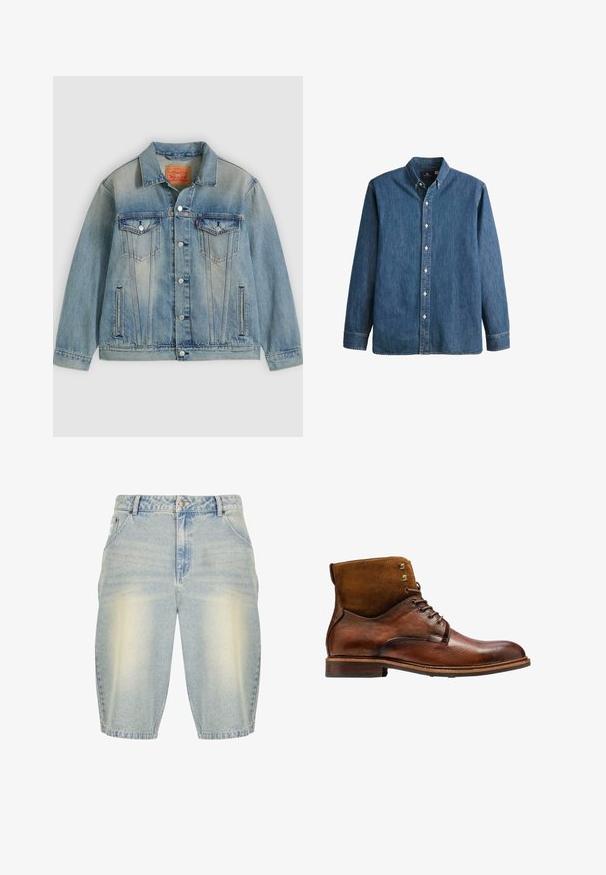 Hellblaue Jeansjacke mit Knopfleiste, zwei Brustklappentaschen und seitlichen Einschubtaschen, ausgestattet mit verwaschenem Waschungseffekt und klassischem Kragen.; Denim-Hemd in Mittelblau, mit langen Ärmeln, spitzem Kragen, weißen Knöpfen und einer taillierten Passform sowie dezentem Logostick.; Helle blaue Denim-Shorts mit einem verblassten Washed-Effekt, ausgestattet mit einem klassischen Five-Pocket-Design, Gürtelschlaufen und einem geraden Schnitt.; Kazar ALID - Schnürstiefelette - brown