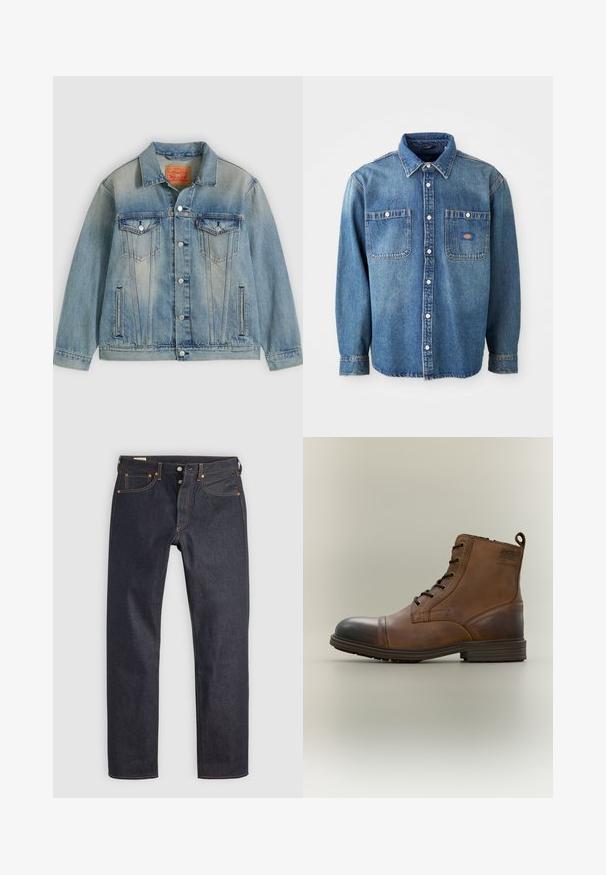 Hellblaue Jeansjacke mit Knopfleiste, zwei Brustklappentaschen und seitlichen Einschubtaschen, ausgestattet mit verwaschenem Waschungseffekt und klassischem Kragen.; Jeanshemd in Mittelblau, mit spitzem Kragen, zwei Brusttaschen und silbernen Knöpfen. Lange Ärmel mit Knopfmanschetten.; Dunkelblaue Jeans aus Denim mit geradem Bein, versehen mit orangefarbener Naht und klassischem Five-Pocket-Design. Verschluss mit Knopf und Reißverschluss.; Brauner Leder-Schnürstiefel bis zum Knöchel mit schwarzer Zehenkappe, runder Sohle und Markenlabel an der Seite vor schlichtem Hintergrund.
