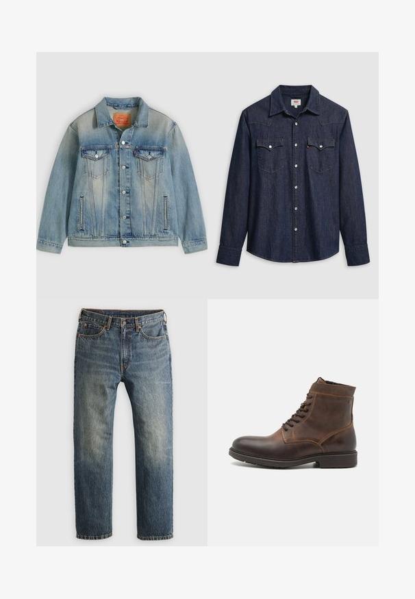 Hellblaue Jeansjacke mit Knopfleiste, zwei Brustklappentaschen und seitlichen Einschubtaschen, ausgestattet mit verwaschenem Waschungseffekt und klassischem Kragen.; Dunkelblaues Denimhemd mit spitzem Kragen, Druckknöpfen und Brusttaschen. Mit Ziernähten und langen Ärmeln versehen.; Blaue, ausgebleichte gerade geschnittene Jeans aus Denim mit Fronttaschen, Gürtelschlaufen, Knopf und Reißverschluss auf einem hellen Hintergrund.; Jack & Jones JFWDELANEY BOOT - Schnürstiefelette - cognac