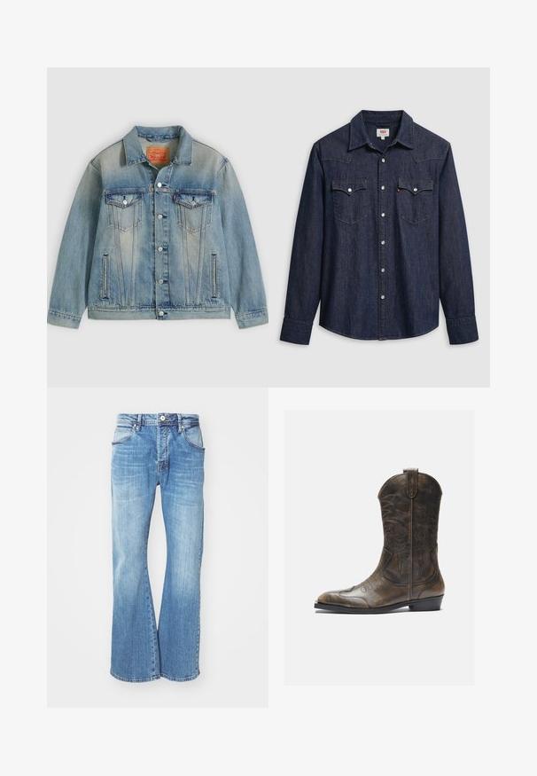 Hellblaue Jeansjacke mit Knopfleiste, zwei Brustklappentaschen und seitlichen Einschubtaschen, ausgestattet mit verwaschenem Waschungseffekt und klassischem Kragen.; Dunkelblaues Denimhemd mit spitzem Kragen, Druckknöpfen und Brusttaschen. Mit Ziernähten und langen Ärmeln versehen.; Helleblaue Denim-Jeans mit einem ausgestellten Design, das einen klassischen Fünf-Taschen-Stil, einen Reißverschluss und kontrastierende Nähte entlang der Nähte aufweist.; Braune Leder-Cowboystiefel mit hohem Schaft, spitzem Zehenbereich, aufwendigen Stickmustern und kleinem Absatz. Strukturierte Oberflächenbeschaffenheit.