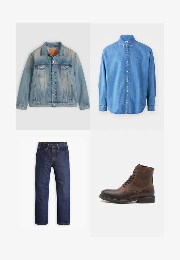 Lichtblauwe spijkerjasje met knopen aan de voorkant, twee borstflappzakken en zijzakken met split, voorzien van een vervaagde wassing en een klassieke kraag.; Denim button-up shirt, lichtblauw van kleur, met een puntkraag, lange mouwen en een klein logo op de borst. Voorzien van witte knopen en gestikte naden.; Donkerblauwe straight-leg denim jeans met een voorste knoop, ritsopening, vijf zakken en koperen klinknageldetails.; Jack & Jones JFWDELANEY BOOT - Veterboots - cognac