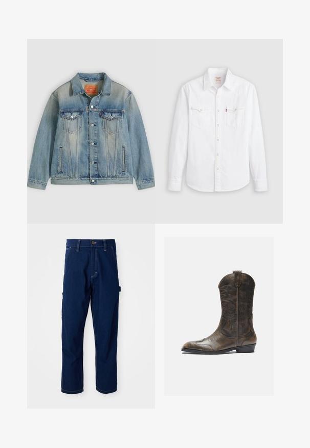 Veste en denim bleu clair avec fermeture bouton, deux poches à rabat sur la poitrine et poches latérales fendues, présentant un délavage et un col classique.; Chemise blanche à manches longues avec col pointu, deux poches poitrine avec rabats, et boutons-pression sur le devant et aux poignets.; Pantalons de travail en denim bleu foncé à jambes droites avec des coutures blanches, passants de ceinture, poches avant, et une boucle utilitaire sur le côté, sur un fond blanc.; Botte de cow-boy en cuir marron avec un long tige, un bout pointu, des motifs de couture complexes et un petit talon. Finition texturée tout au long.