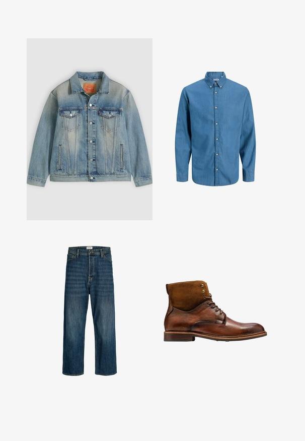Lichtblauwe spijkerjasje met knopen aan de voorkant, twee borstflappzakken en zijzakken met split, voorzien van een vervaagde wassing en een klassieke kraag.; Blauw overhemdbloes gemaakt van denim, met een kraag en lange mouwen. Effen textuur met zichtbare knopen aan de voorkant.; Denimjeans in een donkerblauwe wassing met een rechte pijpuitvoering. Kenmerken zijn onder andere een knoopsluiting, riemlussen en stikselaccenten.; Kazar ALID - Veterboots - brown