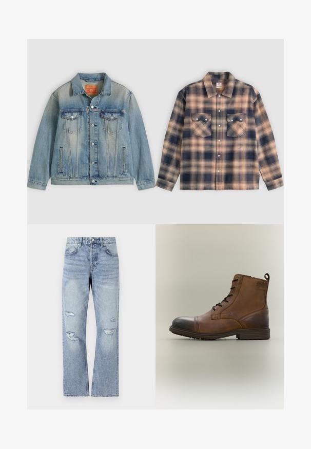 Veste en denim bleu clair avec fermeture bouton, deux poches à rabat sur la poitrine et poches latérales fendues, présentant un délavage et un col classique.; Veste-chemise à manches longues à carreaux beige et bleu foncé avec deux poches à rabat à l'avant et des boutons-pression blancs au centre.; Jean en denim bleu clair avec une coupe droite, présentant des déchirures usées au niveau des genoux et un style classique à cinq poches.; Botte cheville en cuir marron à lacets avec bout noir, semelle ronde et détail de marque sur le côté sur fond uni.