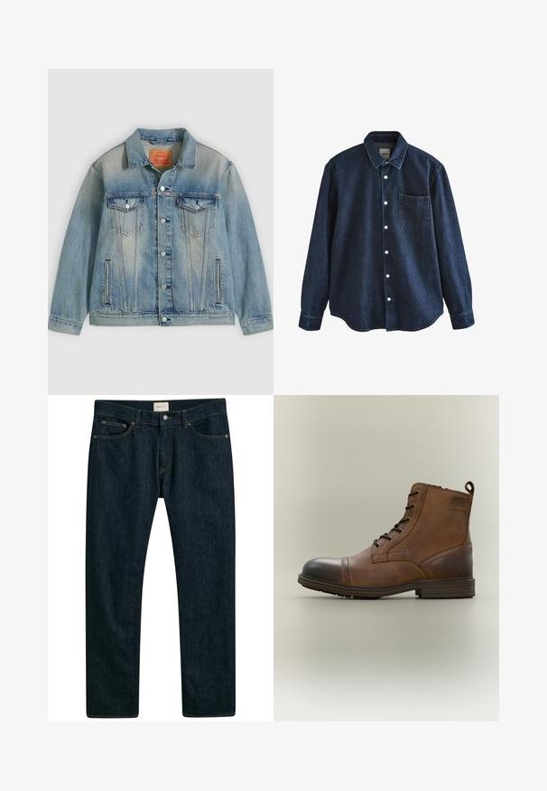 Lyseblå denimjakke med knaplukning foran, to brystlommer med klap og sidelommer med slidser, med falmet vask og klassisk krave.; Mørkeblå denim skjorte med lange ærmer, knapper foran, krave og en enkelt brystlomme, vist mod hvid baggrund.; Mørkeblå denim jeans med lige ben, fem lomme styling og kontrastsyet på sømmene. Glat stoftekstur.; Brun læderstøvle med snørebånd, sort tåhætte, rund sål og mærket detalje på siden mod ensfarvet baggrund.
