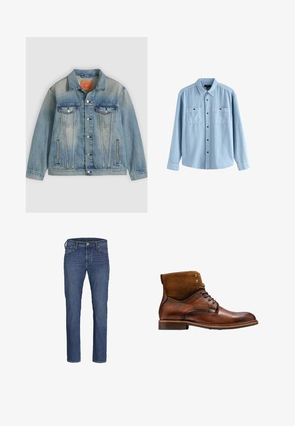 Hellblaue Jeansjacke mit Knopfleiste, zwei Brustklappentaschen und seitlichen Einschubtaschen, ausgestattet mit verwaschenem Waschungseffekt und klassischem Kragen.; Hellblaues Jeanshemd mit einem Kentkragen mit Knöpfen, zwei Vordertaschen und braunen Knöpfen. Lange Ärmel mit gerade geschnittenem Saum.; Herren Jeans aus blauem Denim mit geradem Bein, fünf Taschen und klassischem Knopf- und Reißverschluss.; Kazar ALID - Schnürstiefelette - brown
