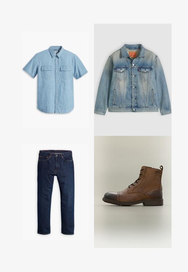 Light blue denim jacket with button front, two chest flap pockets, and side slit pockets, featuring faded wash and classic collar.; Light blue short-sleeve button-up shirt made of denim, featuring two chest pockets with vertical stitching and a classic collar.; Person wearing dark blue straight-leg jeans, white sneakers, and an olive green sweatshirt, hands in pockets, standing against gray background.; Brown leather lace-up ankle boot with black toe cap, round sole, and branded detail on the side against plain background.