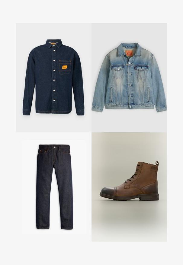 Hellblaue Jeansjacke mit Knopfleiste, zwei Brustklappentaschen und seitlichen Einschubtaschen, ausgestattet mit verwaschenem Waschungseffekt und klassischem Kragen.; Dunkelblaue Denim-Hemd mit Button-Down-Kragen, orangefarbener Etikett auf der Brusttasche und weißen Knöpfen. Weiche Textur mit Kontrastnähte.; Dunkelblaue Jeans aus Denim mit geradem Schnitt, fünf Taschen-Design, kupfernen Nieten, gelben Nähten und einem ausgeprägten strukturierten Stoff.; Brauner Leder-Schnürstiefel bis zum Knöchel mit schwarzer Zehenkappe, runder Sohle und Markenlabel an der Seite vor schlichtem Hintergrund.