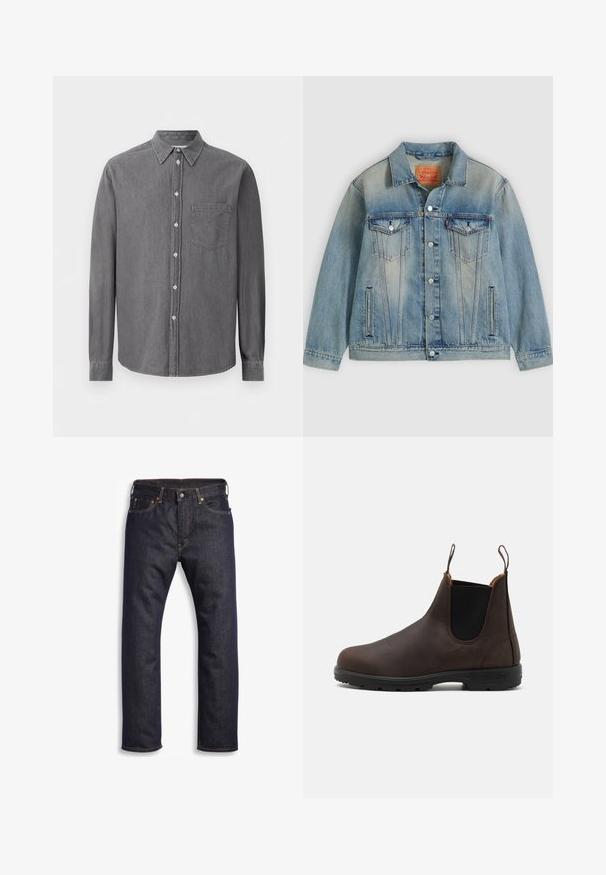 Veste en denim bleu clair avec fermeture bouton, deux poches à rabat sur la poitrine et poches latérales fendues, présentant un délavage et un col classique.; Chemise à manches longues grise à boutons, en tissu doux, avec un col classique, une poche poitrine et une fermeture à boutons standard.; Jean en denim bleu foncé avec coupe droite, design à cinq poches, matériel en métal et surpiqûres orange contrastantes. Texture lisse, sans motifs visibles.; Bottines en cuir brun avec des panneaux élastiques sur les côtés et des boucles, présentant une surface texturée et une semelle en caoutchouc noir durable.