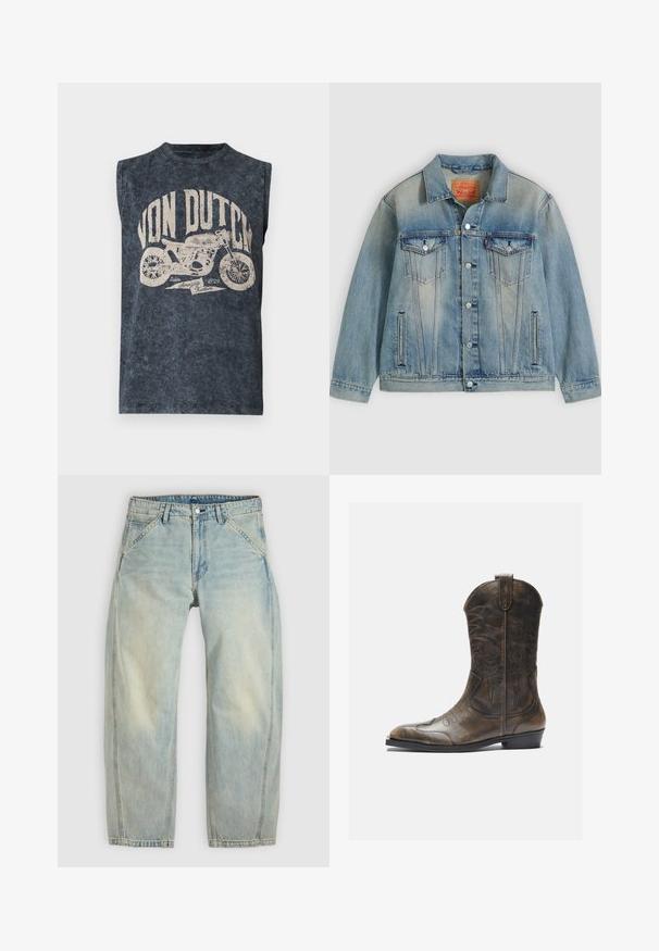 Veste en denim bleu clair avec fermeture bouton, deux poches à rabat sur la poitrine et poches latérales fendues, présentant un délavage et un col classique.; Chemise sans manches gris foncé style vintage avec le texte "Von Dutch" et un graphique d'une moto avec « Since 1929 Amazing Kustom » en dessous.; Jean large couleur bleu clair en denim. Comprend cinq poches, une fermeture par bouton et des zones délavées pour un aspect usé.; Botte de cow-boy en cuir marron avec un long tige, un bout pointu, des motifs de couture complexes et un petit talon. Finition texturée tout au long.