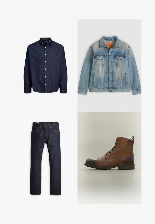 Chaqueta de mezclilla azul claro con cierre de botones, dos bolsillos con solapa en el pecho y bolsillos laterales con abertura, con lavado desgastado y cuello clásico.; Camisa de mezclilla azul oscuro con frente abotonado, mangas largas y cuello clásico, que presenta botones blancos y costuras en contraste.; Jeans de mezclilla azul oscuro con un diseño de pierna recta, costuras naranjas y estilo de cinco bolsillos con cierre de botón metálico.; Bota de cuero marrón con cordones hasta el tobillo, puntera negra, suela redonda y detalle de marca en el lateral sobre un fondo liso.